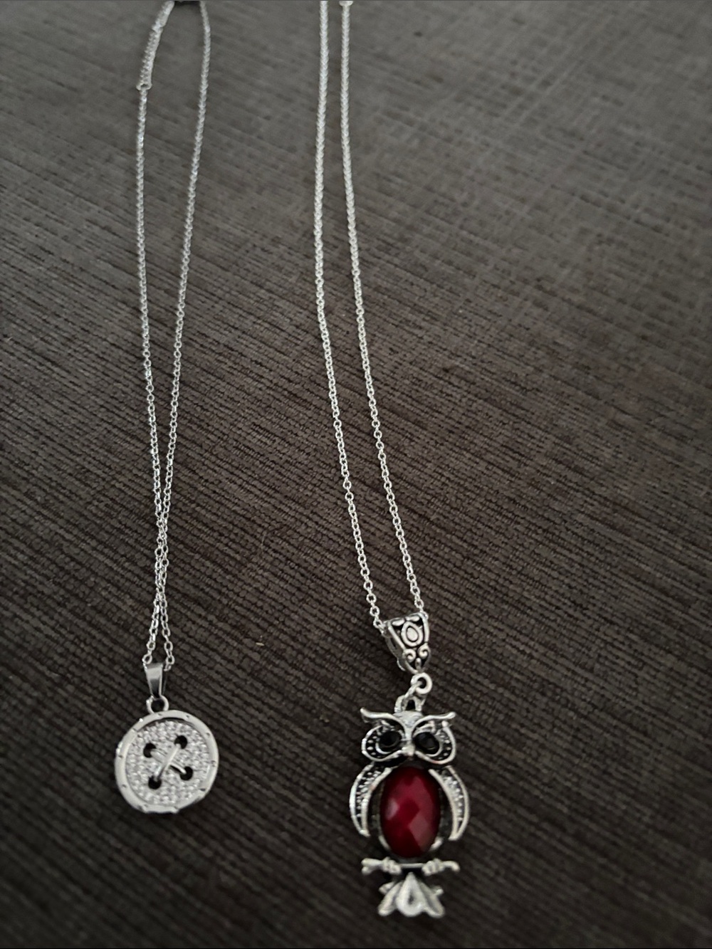 Silver Owl Pendant Necklace with Red Gem. Silver button pendant necklace. 18 in